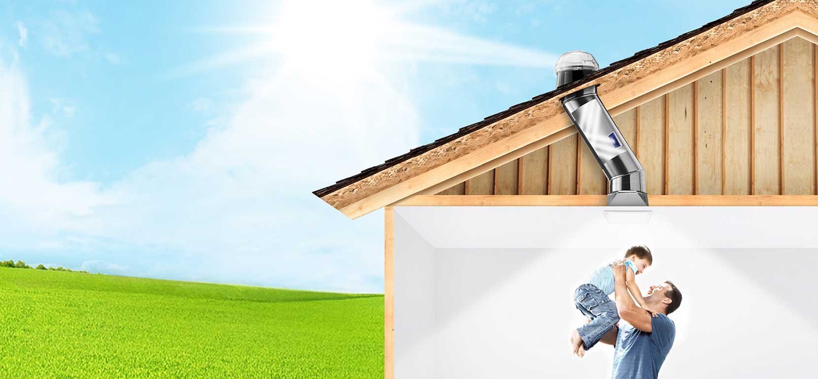 Father and child under rafter with tubular skylight